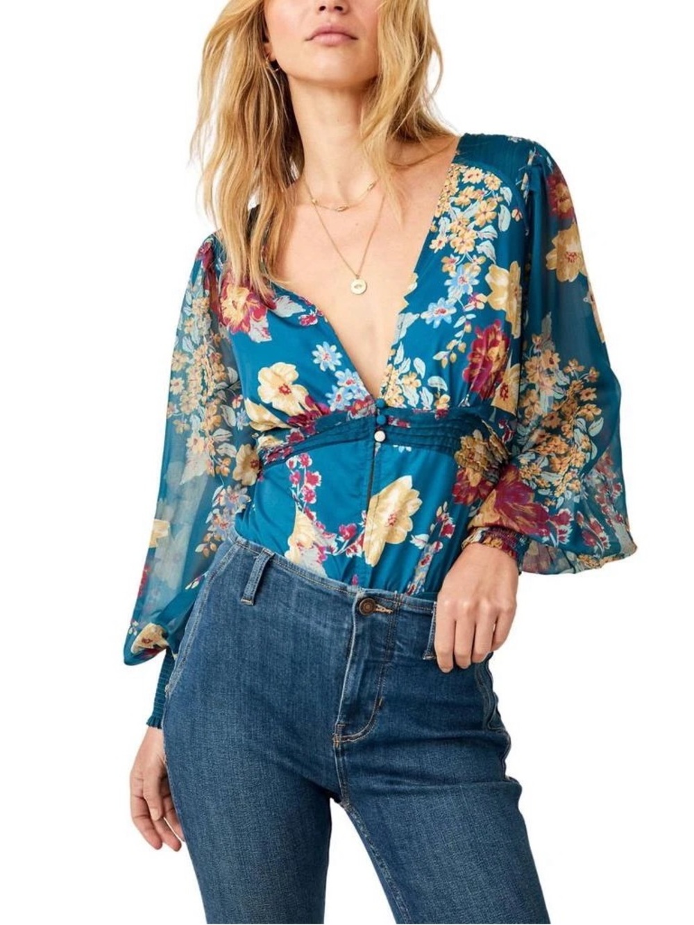 Free People Wanderlust Floral Print Bodysuit Jade Combo Boho Women Size XL